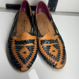 El Dorado Woven Leather Huarache Sandals Tan Black Women's Size 8.5-9